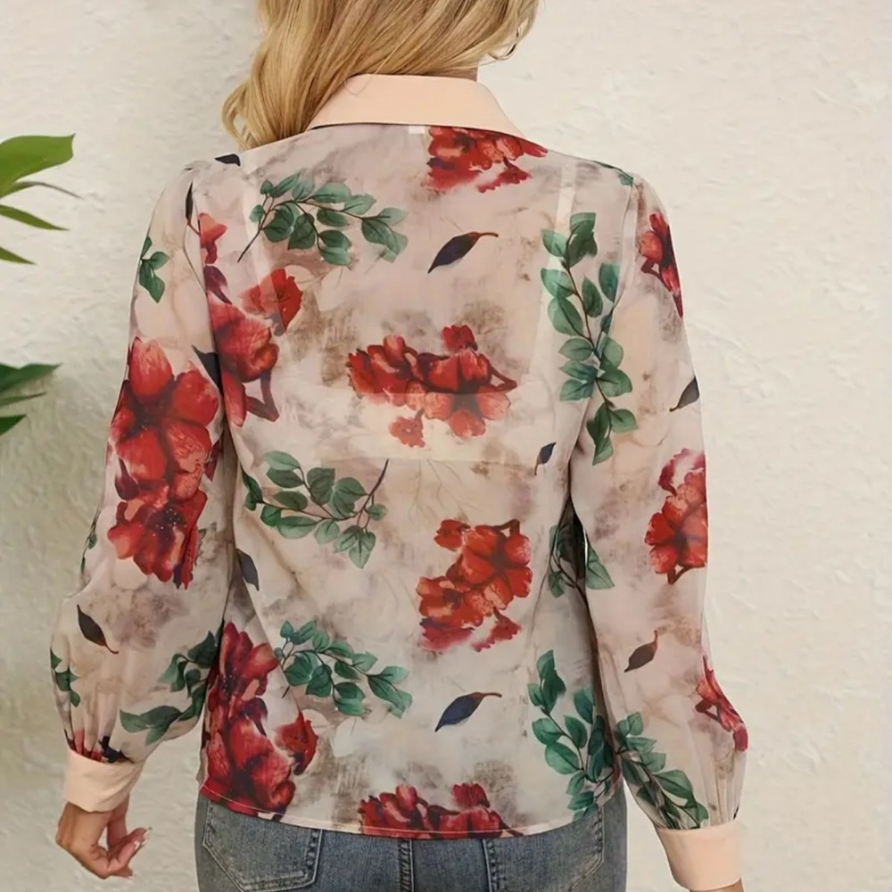 Floral Button-Down Blouse | Lightweight Slightly Sheer Long Sleeve Collared Top - Picture 3 of 4